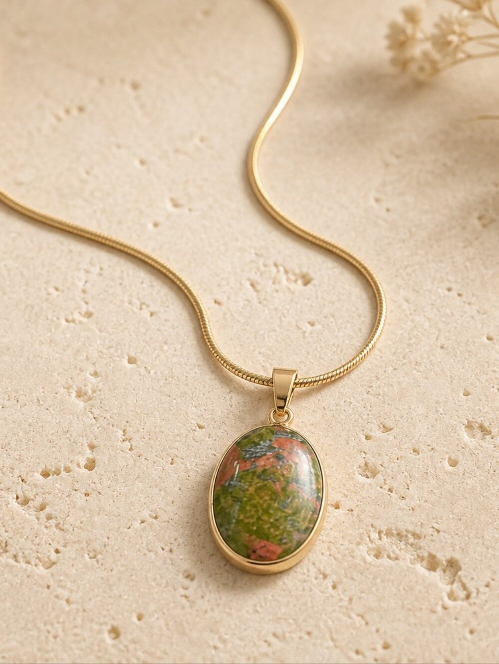 Oval Unakite Gold Pendant Necklace, 18K Gold Plated Snake Chain Green & Pink Gem